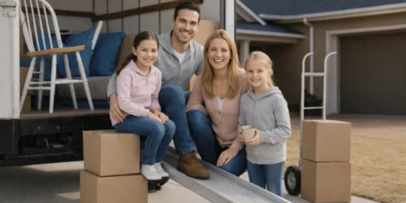 Happy family moving into new house in Georgia Happy family moving into new house in Georgia