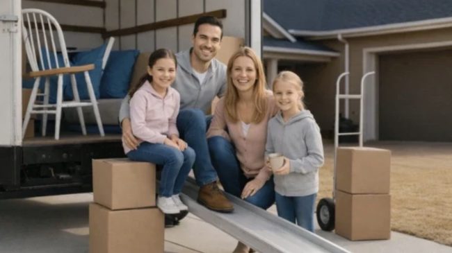Happy family moving into new house in Georgia 